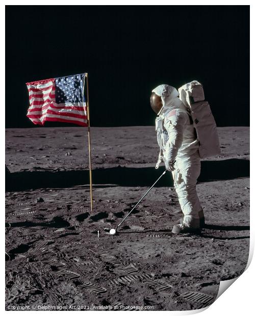 Astronaut playing golf on the moon, space golf Print by Delphimages Art