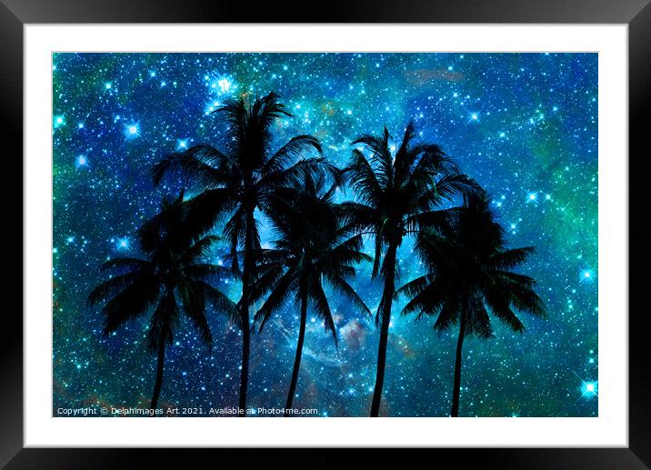 Palm trees silhouettes, tropical starry night sky Framed Mounted Print by Delphimages Art