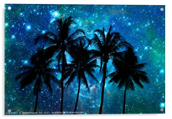 Palm trees silhouettes, tropical starry night sky Acrylic by Delphimages Art