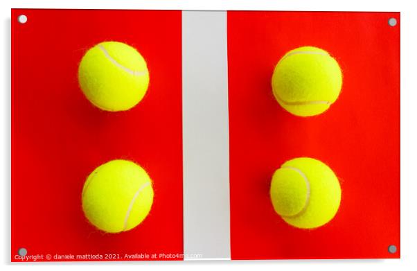 four tennis balls divided by a field line Acrylic by daniele mattioda