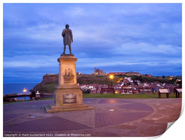 Captain Cook Statue at Whitby Print by Mark Sunderland