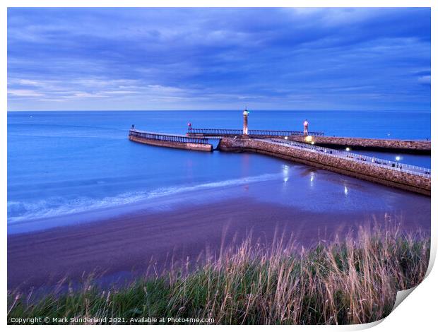 Whitby Piers at Dusk Print by Mark Sunderland
