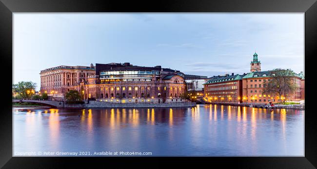 The Parliment Buildings At Sunset, Stockholm, Sweden Framed Print by Peter Greenway