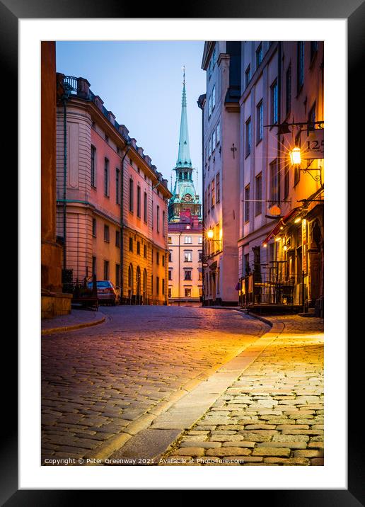 Deserted Streets In Gamla Stan, Stockholm At Dusk Framed Mounted Print by Peter Greenway