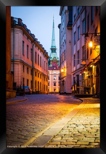 Deserted Streets In Gamla Stan, Stockholm At Dusk Framed Print by Peter Greenway