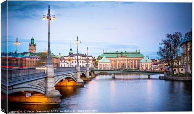 View From A Bridge To Gamla Stan At Night Canvas Print by Peter Greenway