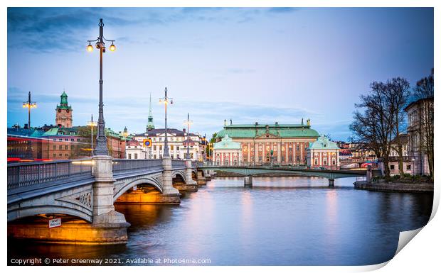 View From A Bridge To Gamla Stan At Night Print by Peter Greenway