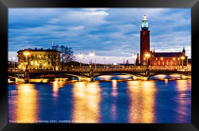 The Town Hall In Stockholm, Sweden At Night Framed Print by Peter Greenway