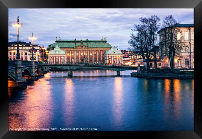 View From A Bridge To Gamla Stan At Night Framed Print by Peter Greenway