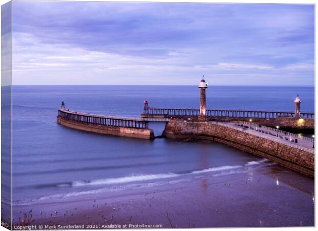 Whitby Piers at Dusk Canvas Print by Mark Sunderland