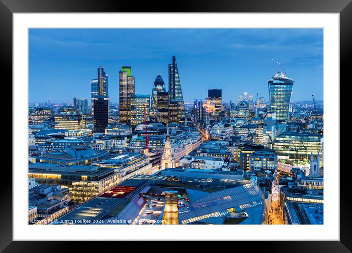 The London City Skyline at night Framed Mounted Print by Justin Foulkes