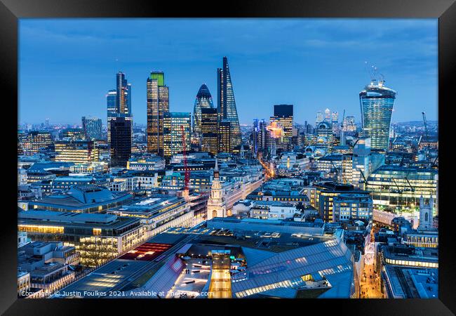 The London City Skyline at night Framed Print by Justin Foulkes