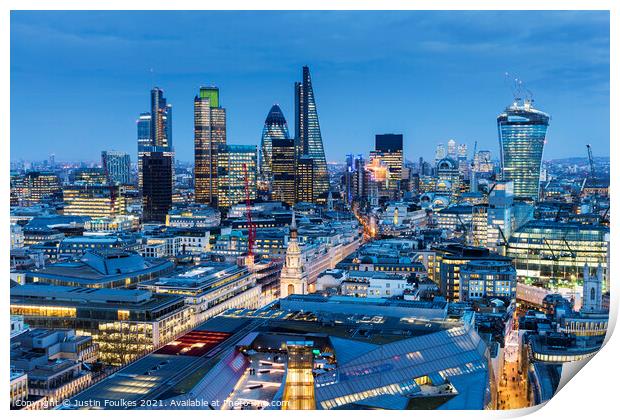 The London City Skyline at night Print by Justin Foulkes