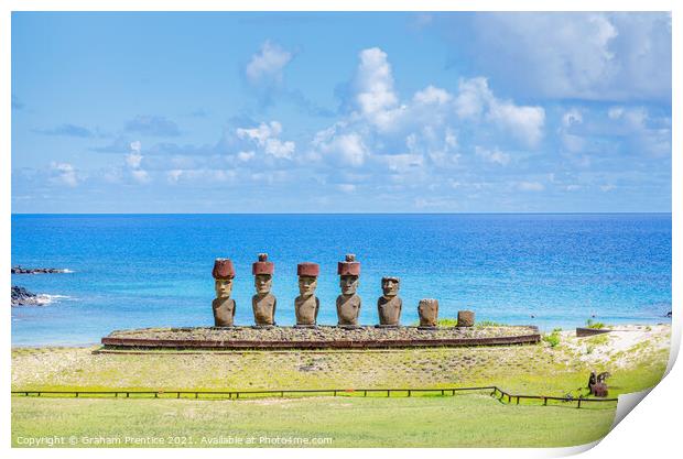 Anakena Beach Statues, Easter Island Print by Graham Prentice
