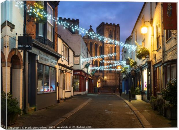 Kirkgate and Ripon Cathedral at Christmas Canvas Print by Mark Sunderland