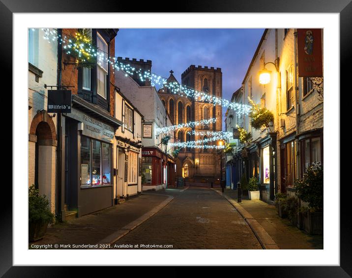Kirkgate and Ripon Cathedral at Christmas Framed Mounted Print by Mark Sunderland