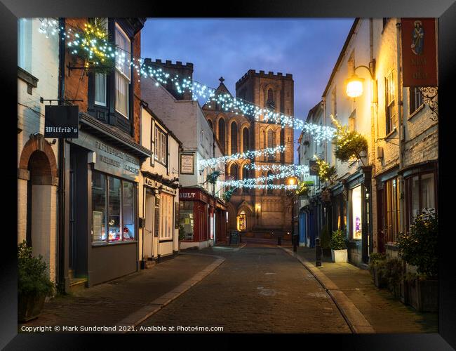 Kirkgate and Ripon Cathedral at Christmas Framed Print by Mark Sunderland