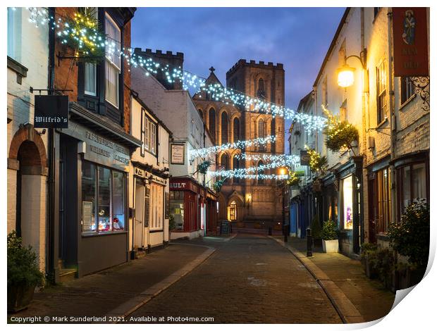 Kirkgate and Ripon Cathedral at Christmas Print by Mark Sunderland