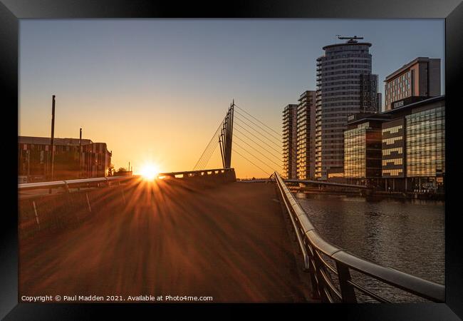 Salford Quays setting sun Framed Print by Paul Madden