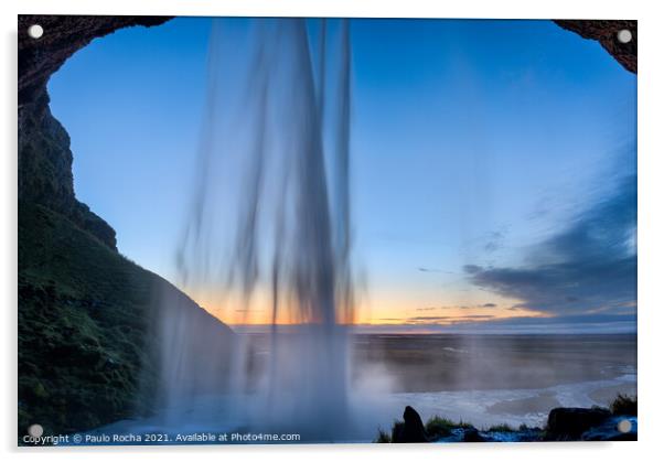 Behind Seljalandsfoss waterfall in Iceland Acrylic by Paulo Rocha