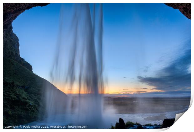 Behind Seljalandsfoss waterfall in Iceland Print by Paulo Rocha