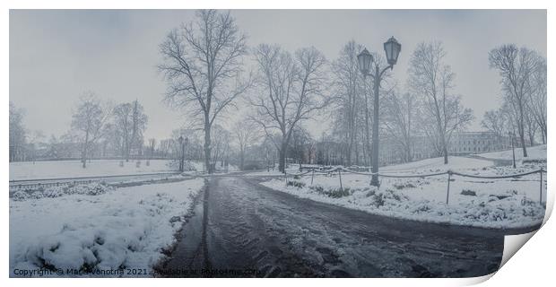 Foggy covered in snow city park in winter Print by Maria Vonotna