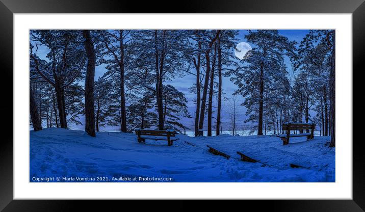 Snowy winter forest at night Framed Mounted Print by Maria Vonotna