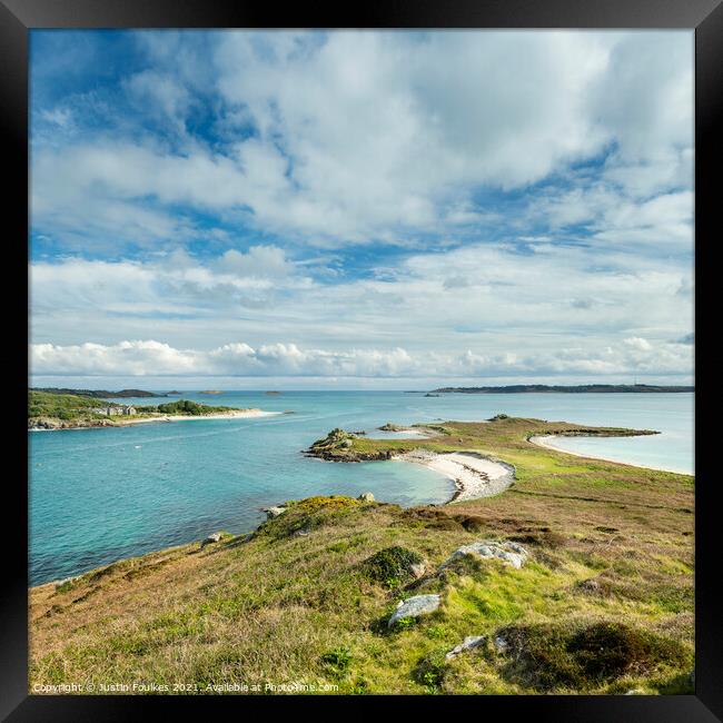 View from Great Hill, on Teän, Isles of Scilly Framed Print by Justin Foulkes
