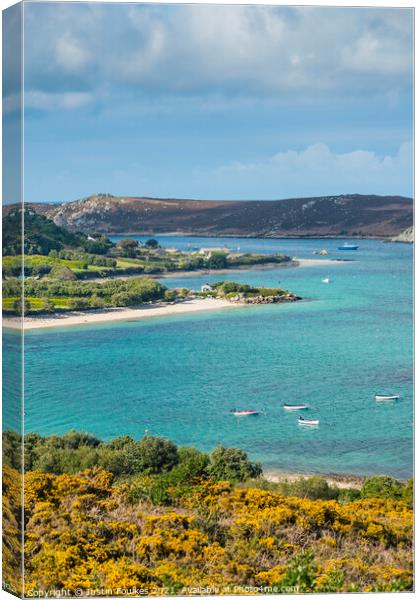 The east coast of Bryher, with Tresco beyond, Isles of Scilly Canvas Print by Justin Foulkes