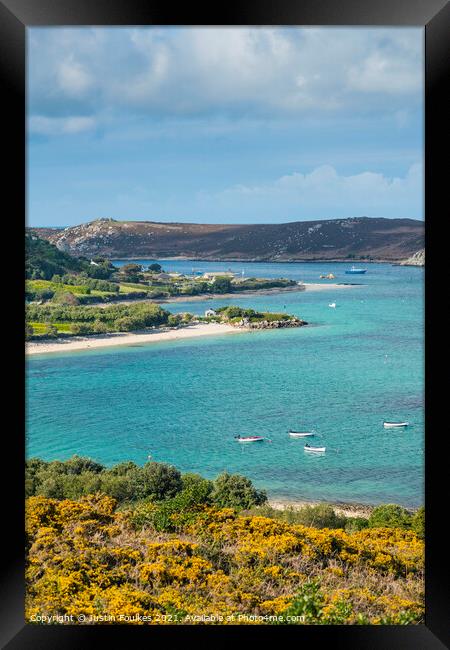 The east coast of Bryher, with Tresco beyond, Isles of Scilly Framed Print by Justin Foulkes