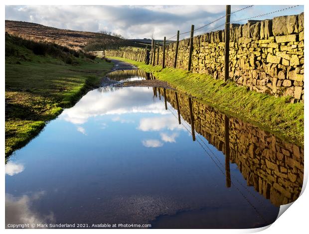 Puddles on the Bronte Way near Haworth Print by Mark Sunderland