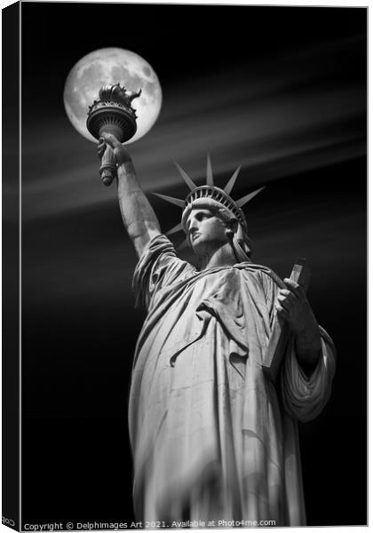 Statue of Liberty and moon at night, New York Canvas Print by Delphimages Art