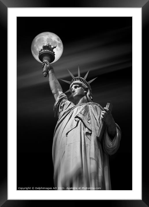 Statue of Liberty and moon at night, New York Framed Mounted Print by Delphimages Art