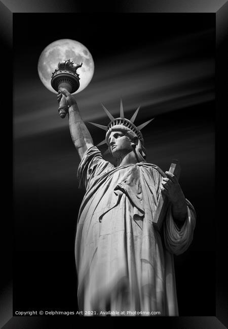 Statue of Liberty and moon at night, New York Framed Print by Delphimages Art