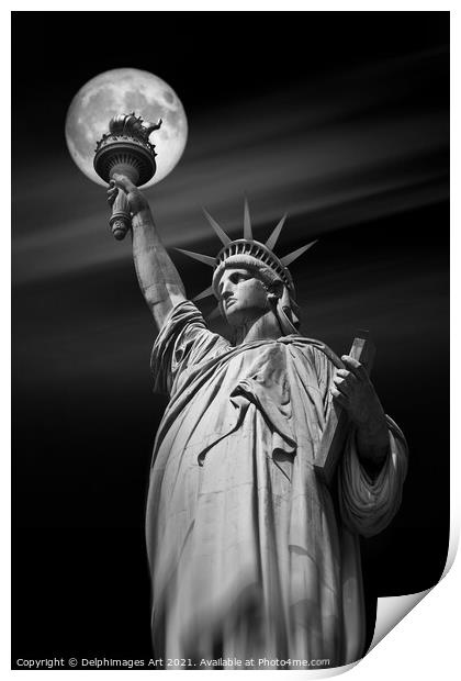 Statue of Liberty and moon at night, New York Print by Delphimages Art