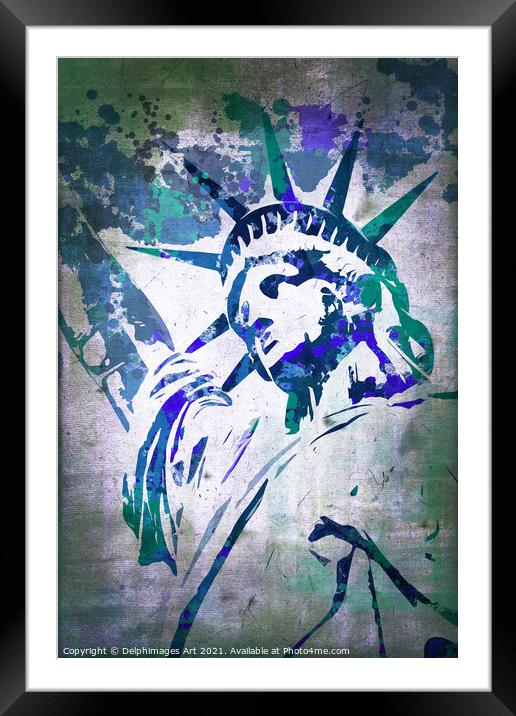 Statue of Liberty, New York. Blue watercolor Framed Mounted Print by Delphimages Art