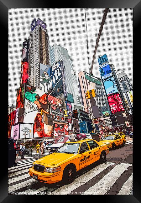 New York. Yellow cabs in Times Square, Pop art Framed Print by Delphimages Art
