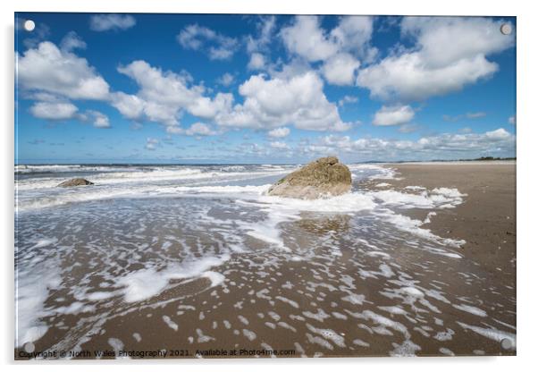 Foaming sea and fluffy clouds Acrylic by North Wales Photography