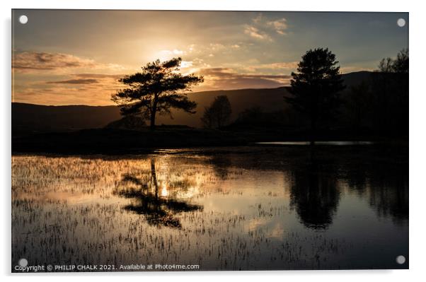 Dark sunset at Kelly hall tarn reflection in the l Acrylic by PHILIP CHALK