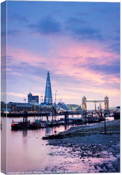 The Shard and Tower Bridge from Wapping Canvas Print by Justin Foulkes