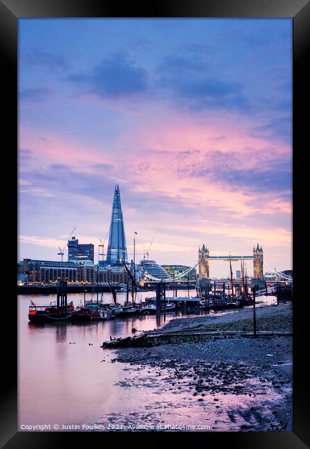 The Shard and Tower Bridge from Wapping Framed Print by Justin Foulkes