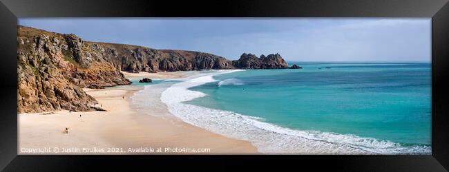 Panoramic view of Porthcurno beach, Cornwall Framed Print by Justin Foulkes