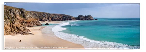Panoramic view of Porthcurno beach, Cornwall Acrylic by Justin Foulkes
