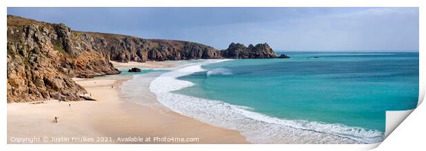 Panoramic view of Porthcurno beach, Cornwall Print by Justin Foulkes