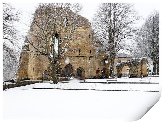 Snow Falling at Knaresborough Castle Print by Mark Sunderland