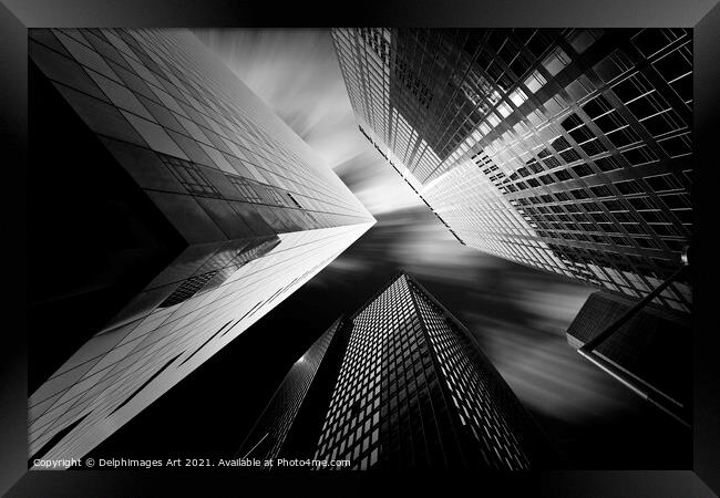 Modern architecture, looking up at glass buildings Framed Print by Delphimages Art