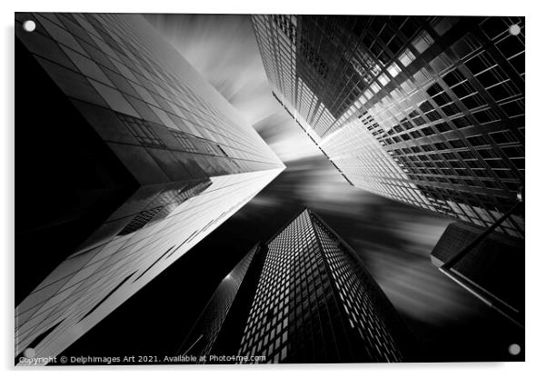 Modern architecture, looking up at glass buildings Acrylic by Delphimages Art