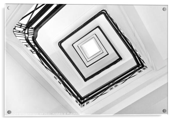 Square spiral staircase black and white abstract Acrylic by Delphimages Art