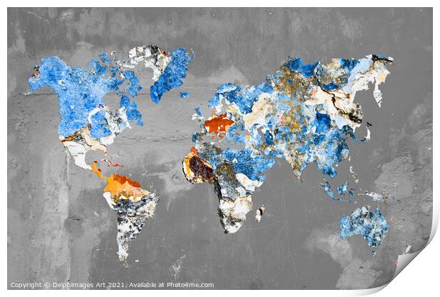 Blue abstract modern world map Print by Delphimages Art