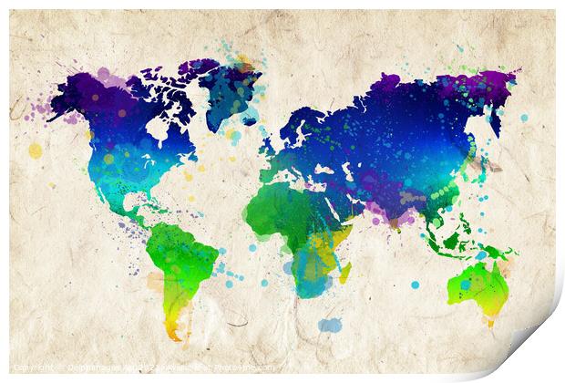 Modern colourful watercolor abstract world map Print by Delphimages Art